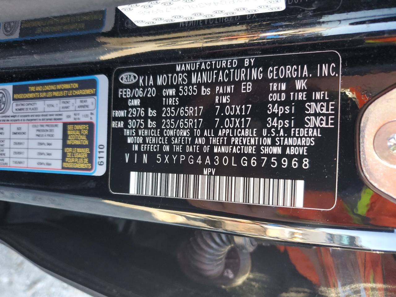 2020 KIA Sorento VIN 5XYPG4A30LG675968 Copart auction photo, front end / minor dent/scratches damage thumbnail 13