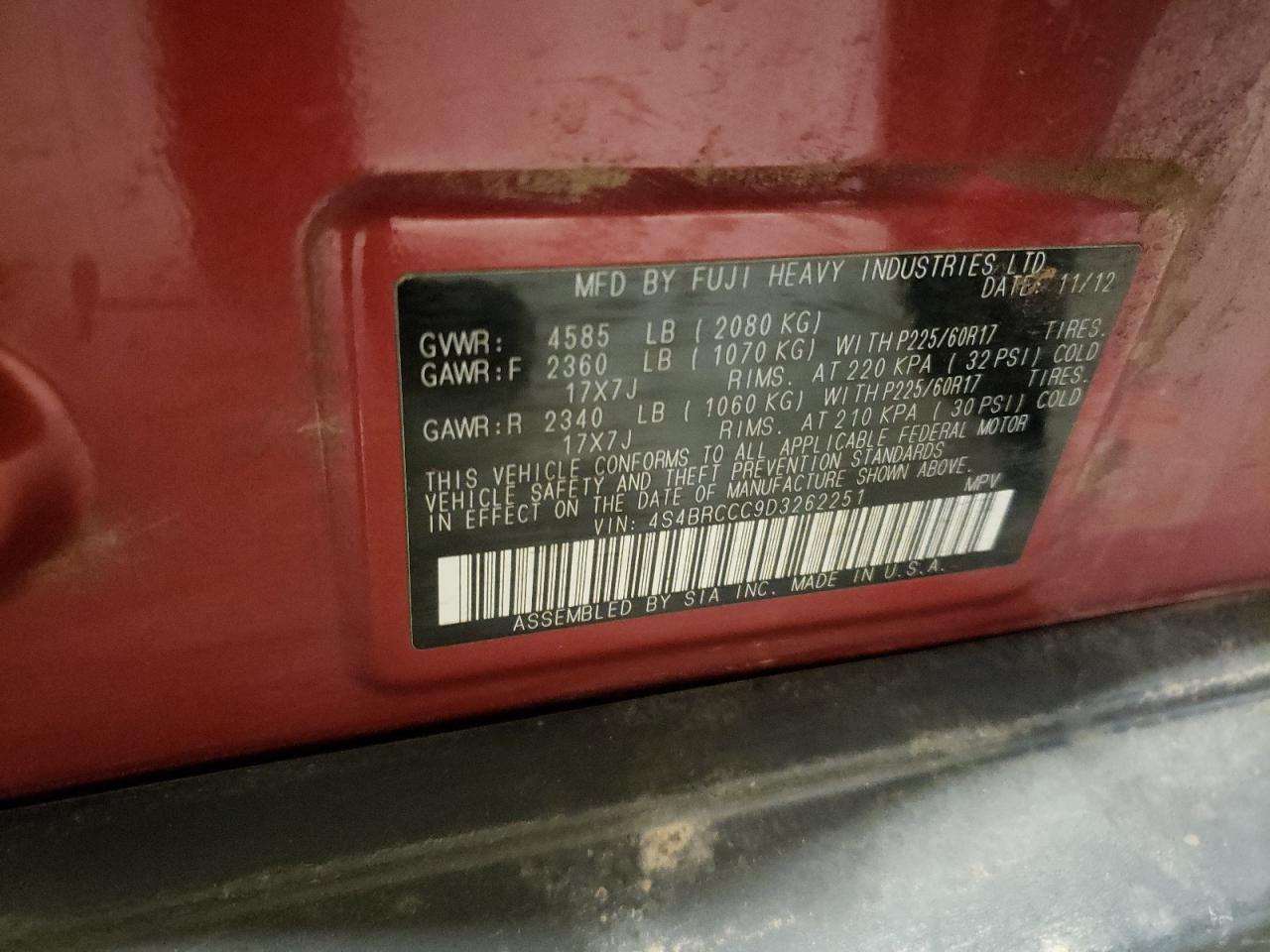 2013 Subaru Outback VIN 4S4BRCCC9D3262251 Copart auction photo, front end damage thumbnail 13