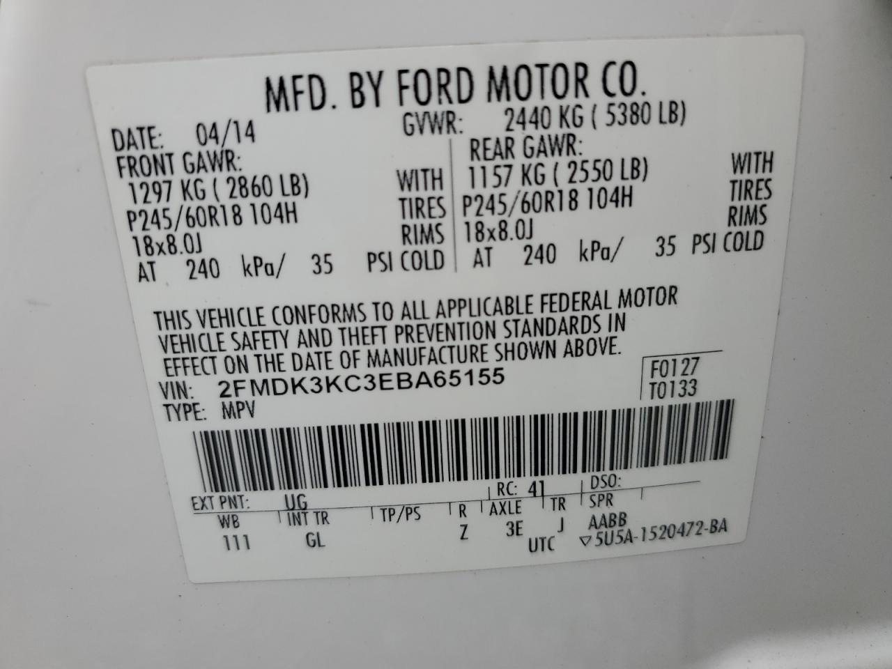 2014 Ford Edge VIN 2FMDK3KC3EBA65155 Copart auction photo, rear end damage thumbnail 14