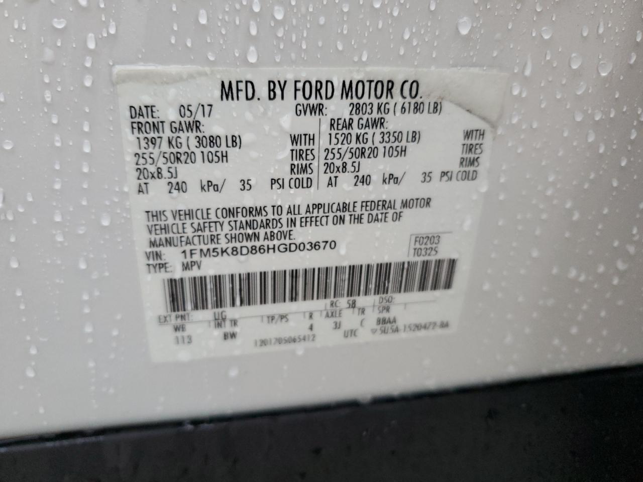2017 Ford Explorer VIN 1FM5K8D86HGD03670 Copart auction photo, all over damage thumbnail 14