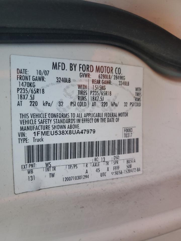 2008 Ford Explorer VIN 1FMEU538X8UA47979 Copart auction photo, side / front end damage thumbnail 12