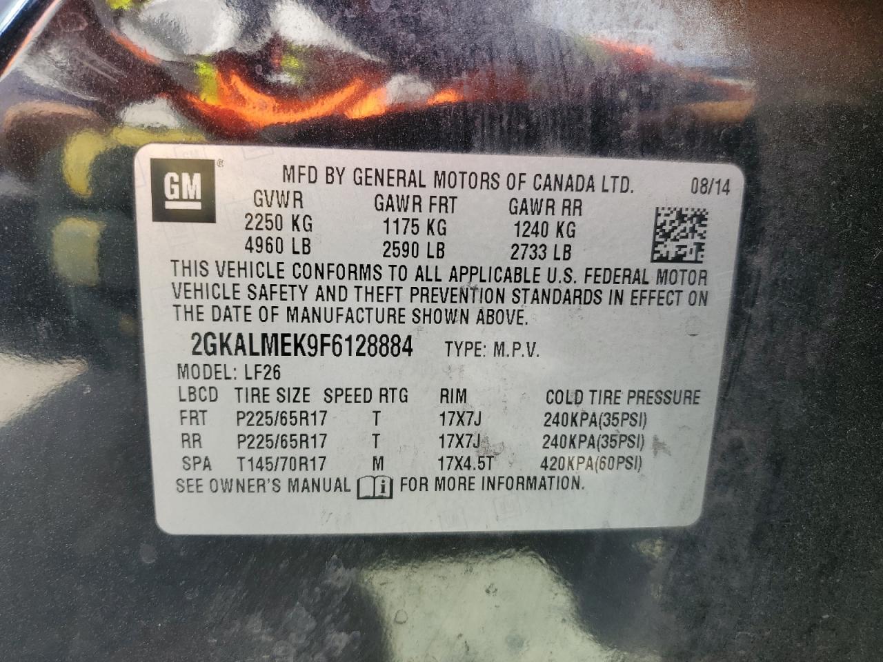 2015 GMC Terrain VIN 2GKALMEK9F6128884 Copart auction photo, mechanical damage thumbnail 13
