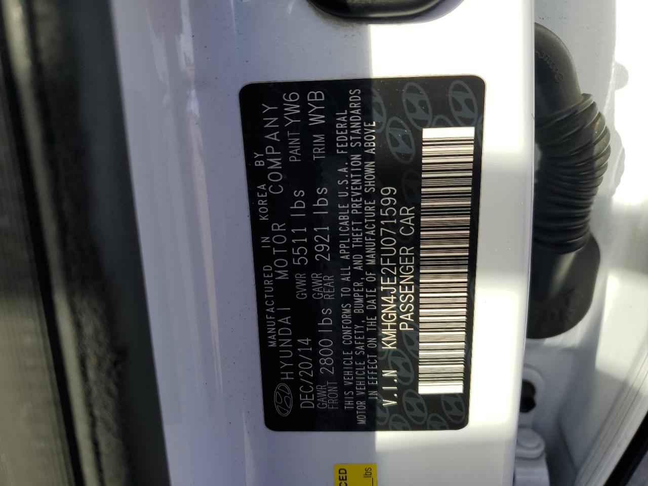 2015 Hyundai Genesis VIN KMHGN4JE2FU071599 Copart auction photo, front end damage thumbnail 12