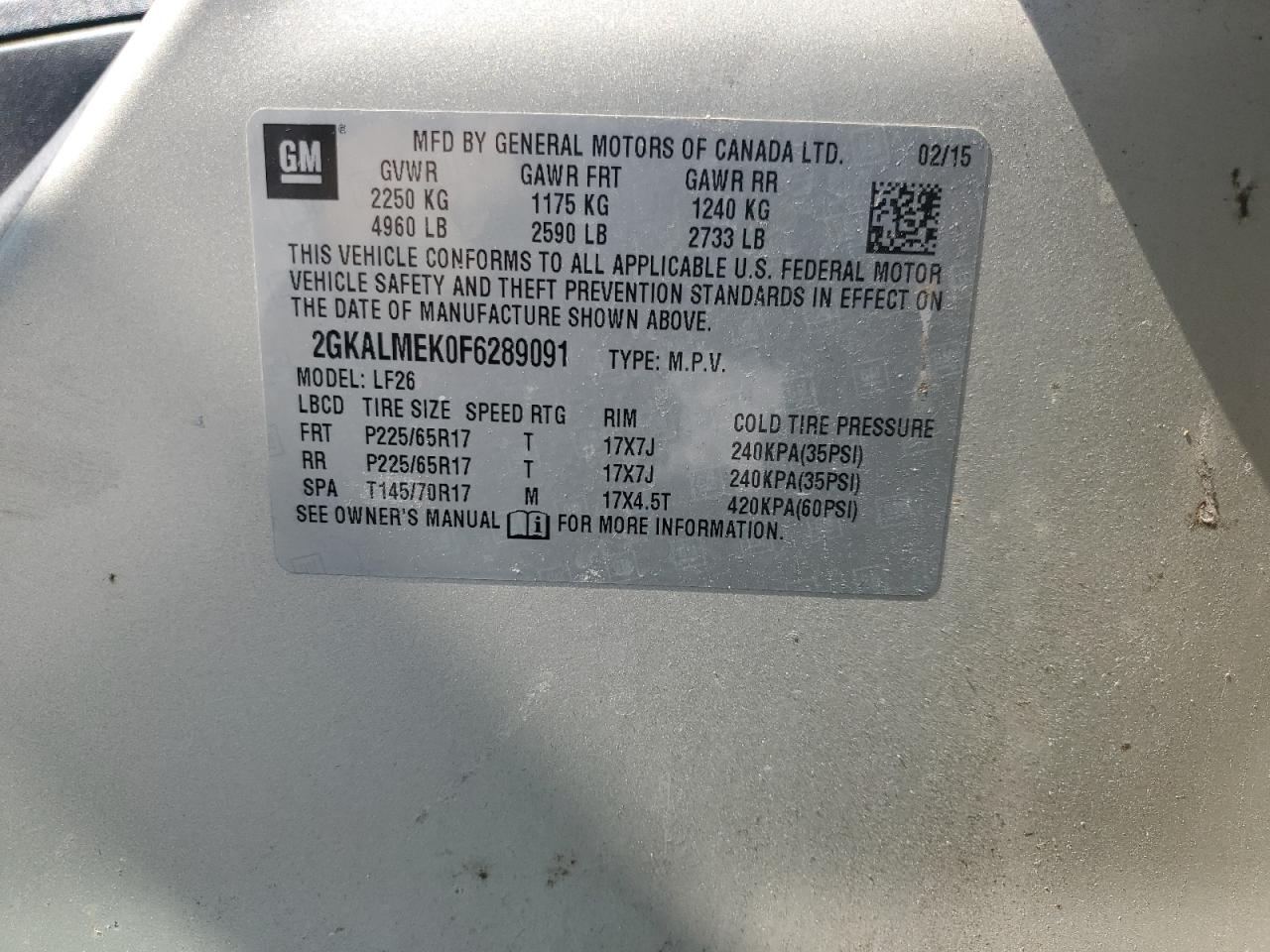 2015 GMC Terrain VIN 2GKALMEK0F6289091 Copart auction photo, front end damage thumbnail 14