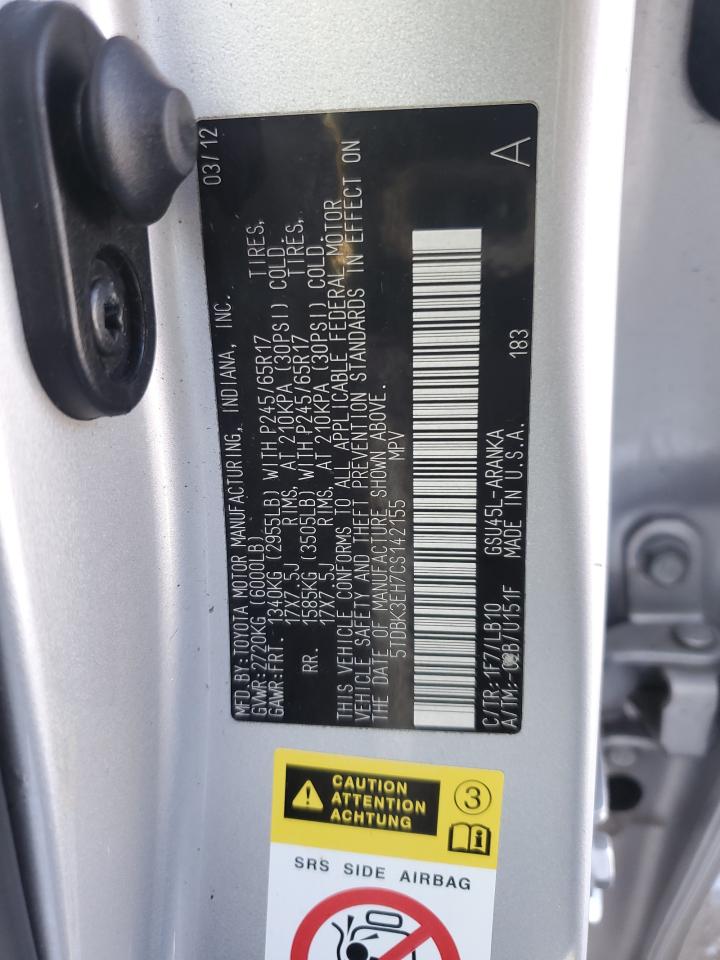 2012 Toyota Highlander VIN 5TDBK3EH7CS142155 Copart auction photo, front end / rear end damage thumbnail 15