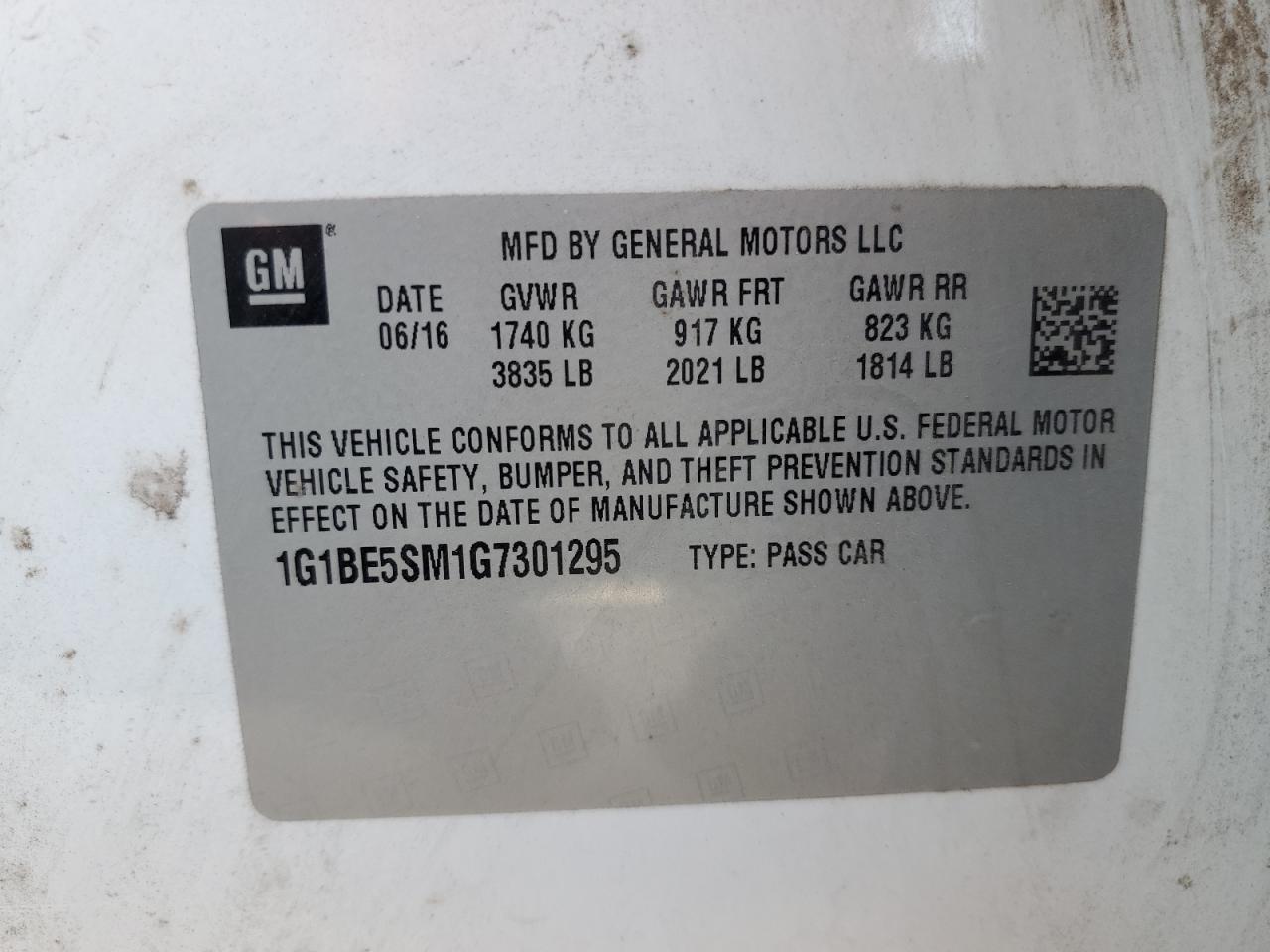 2016 Chevrolet Cruze VIN 1G1BE5SM1G7301295 Copart auction photo, front end / side damage thumbnail 12