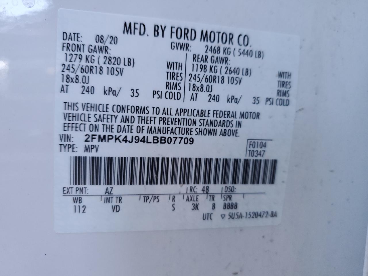 2020 Ford Edge VIN 2FMPK4J94LBB07709 Copart auction photo, partial repair damage thumbnail 12