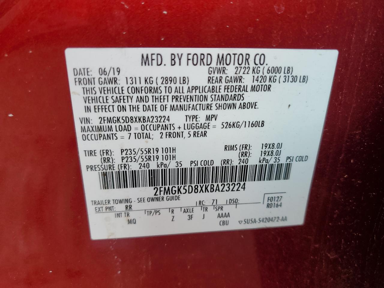 2019 Ford Flex VIN 2FMGK5D8XKBA23224 Copart auction photo, all over damage thumbnail 16