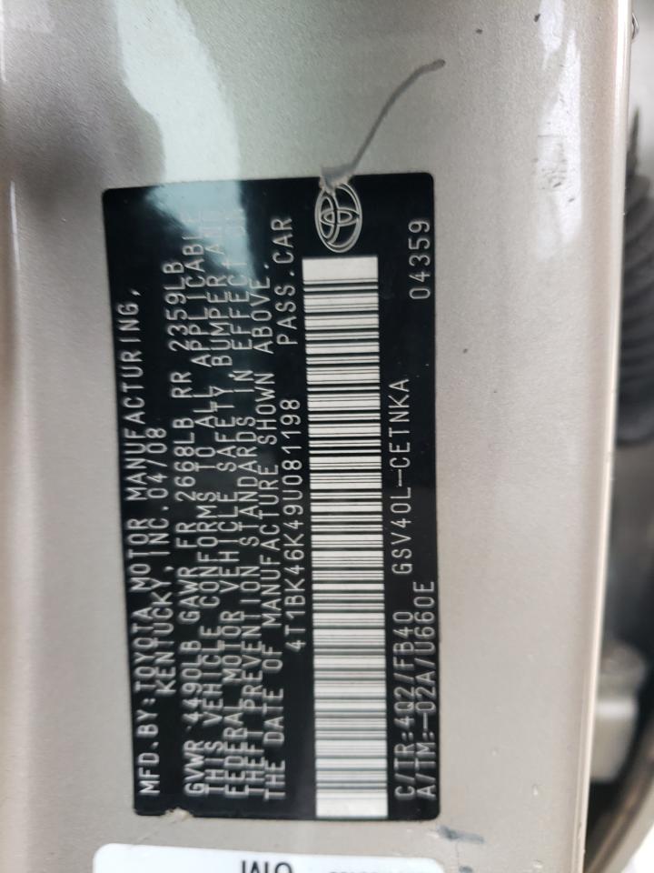 2009 Toyota Camry VIN 4T1BK46K49U081198 Copart auction photo, side / rear end damage thumbnail 12