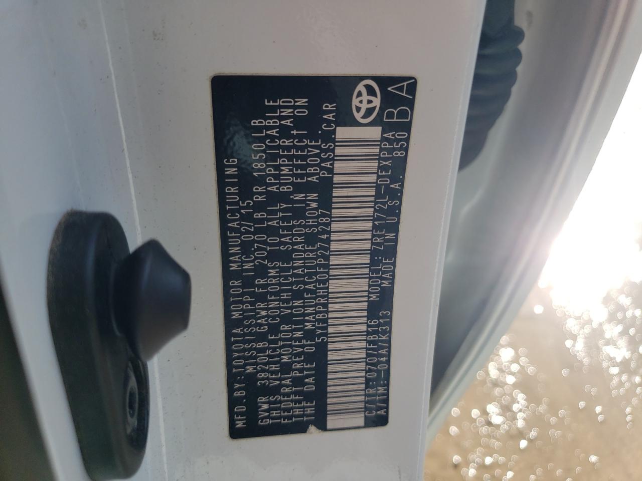 2015 Toyota Corolla VIN 5YFBPRHE0FP274287 Copart auction photo, front end / mechanical damage thumbnail 13