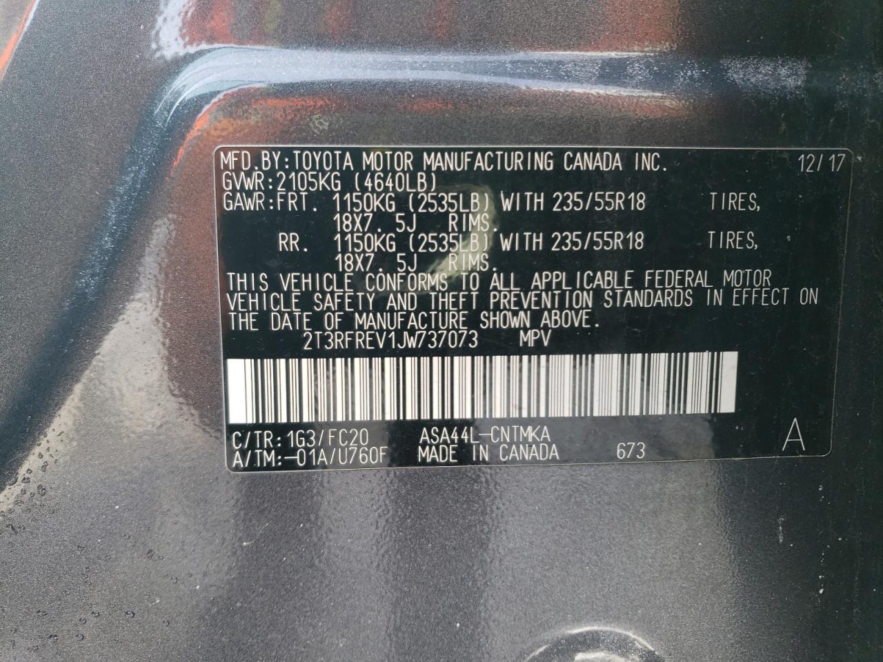 2018 Toyota RAV 4 VIN 2T3RFREV1JW737073 Copart auction photo, all over damage thumbnail 13