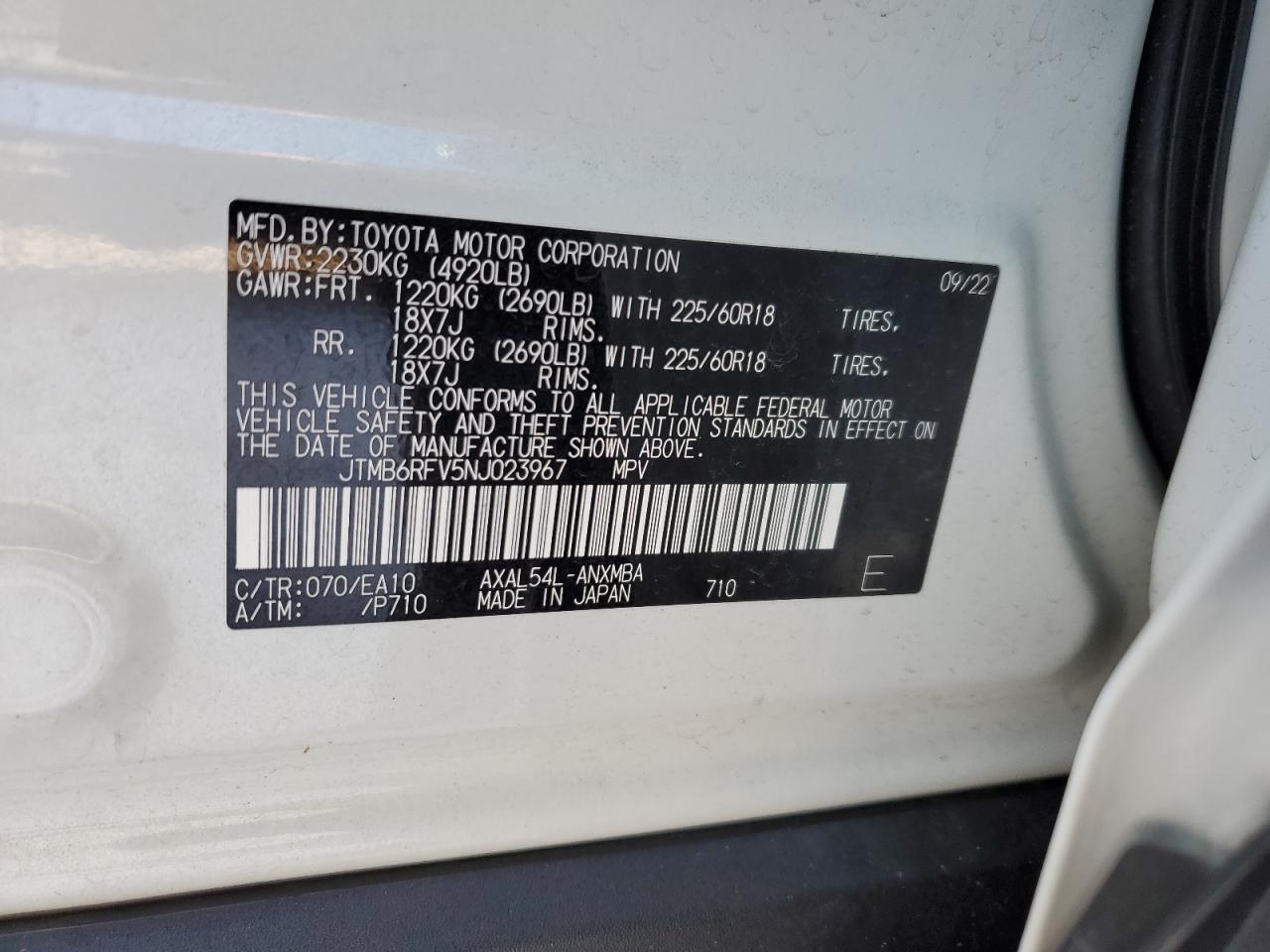2022 Toyota RAV 4 VIN JTMB6RFV5NJ023967 Copart auction photo, rear end damage thumbnail 13