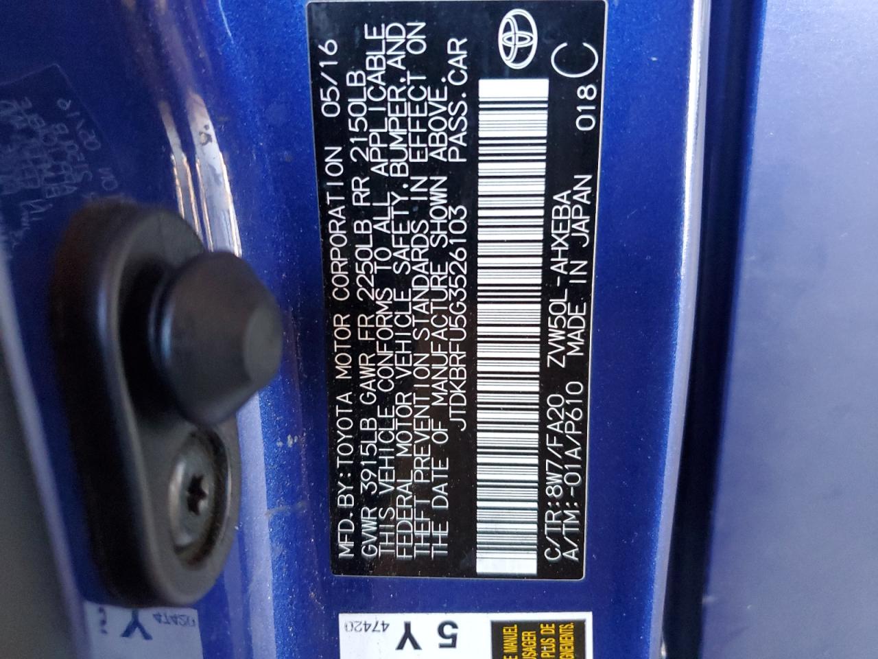 2016 Toyota Prius VIN JTDKBRFU5G3526103 Copart auction photo, side damage thumbnail 12