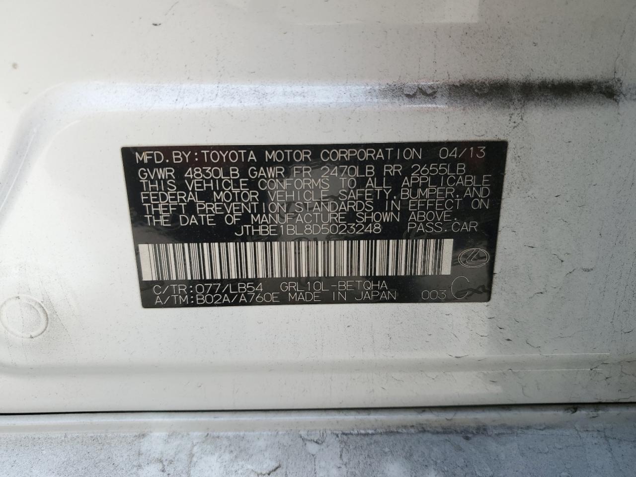 2013 Lexus GS VIN JTHBE1BL8D5023248 Copart auction photo, front end / minor dent/scratches damage thumbnail 12