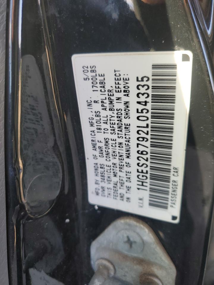 2002 Honda Civic VIN 1HGES26792L054335 Copart auction photo, rear end damage thumbnail 12