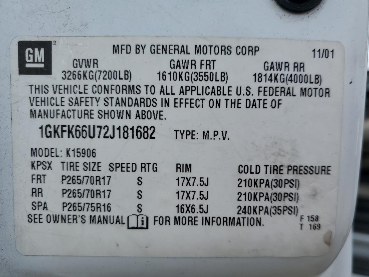 2002 GMC Yukon VIN 1GKFK66U72J181682 Copart auction photo, vandalism / stripped damage thumbnail 13