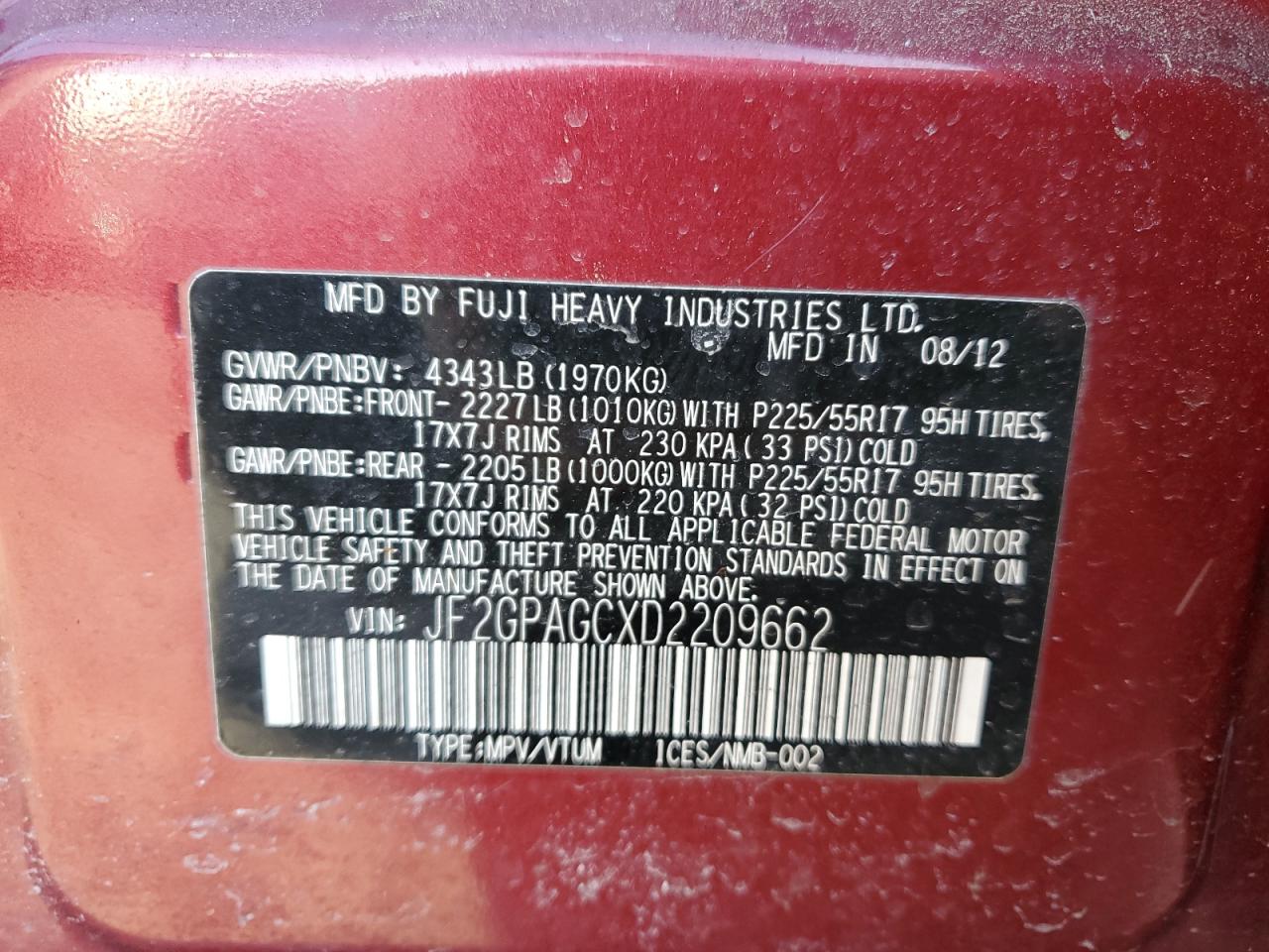 2013 Subaru XV VIN JF2GPAGCXD2209662 Copart auction photo, side / undercarriage damage thumbnail 13