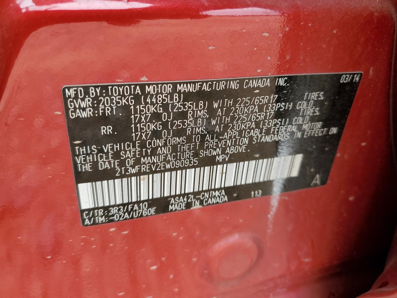 2014 Toyota RAV 4 VIN 2T3WFREV2EW090935 Copart auction photo, front end damage thumbnail 16