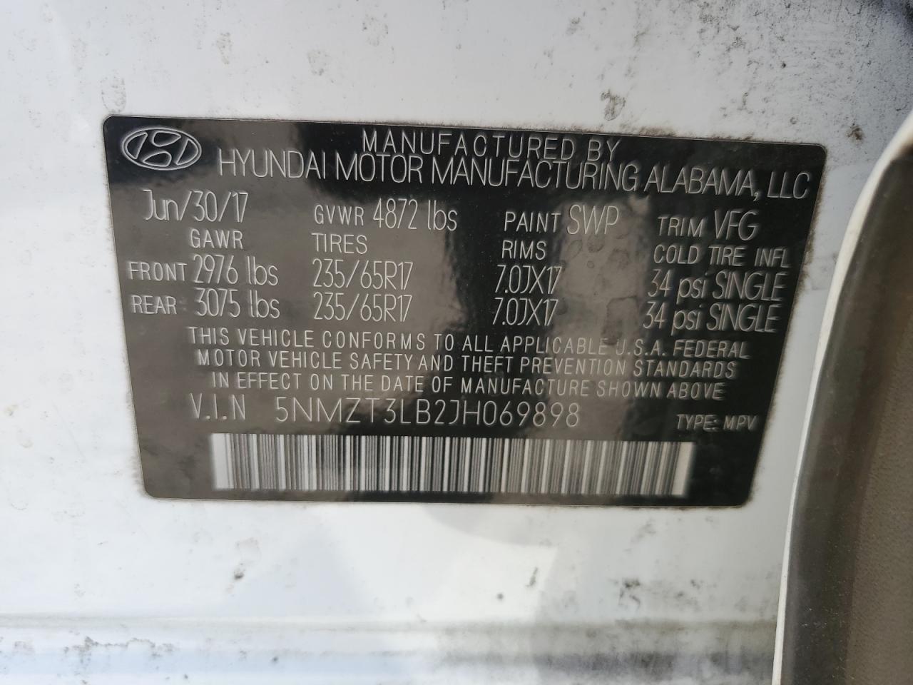 2018 Hyundai Santa Fe VIN 5NMZT3LB2JH069898 Copart auction photo, front end / side damage thumbnail 13