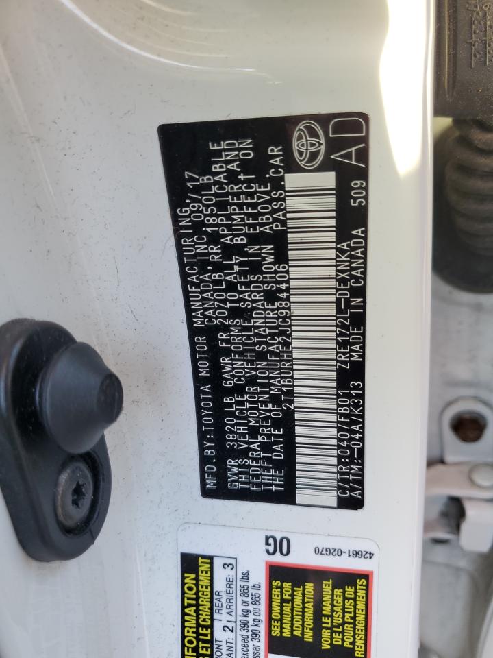 2018 Toyota Corolla VIN 2T1BURHE2JC984406 Copart auction photo, rear end damage thumbnail 12