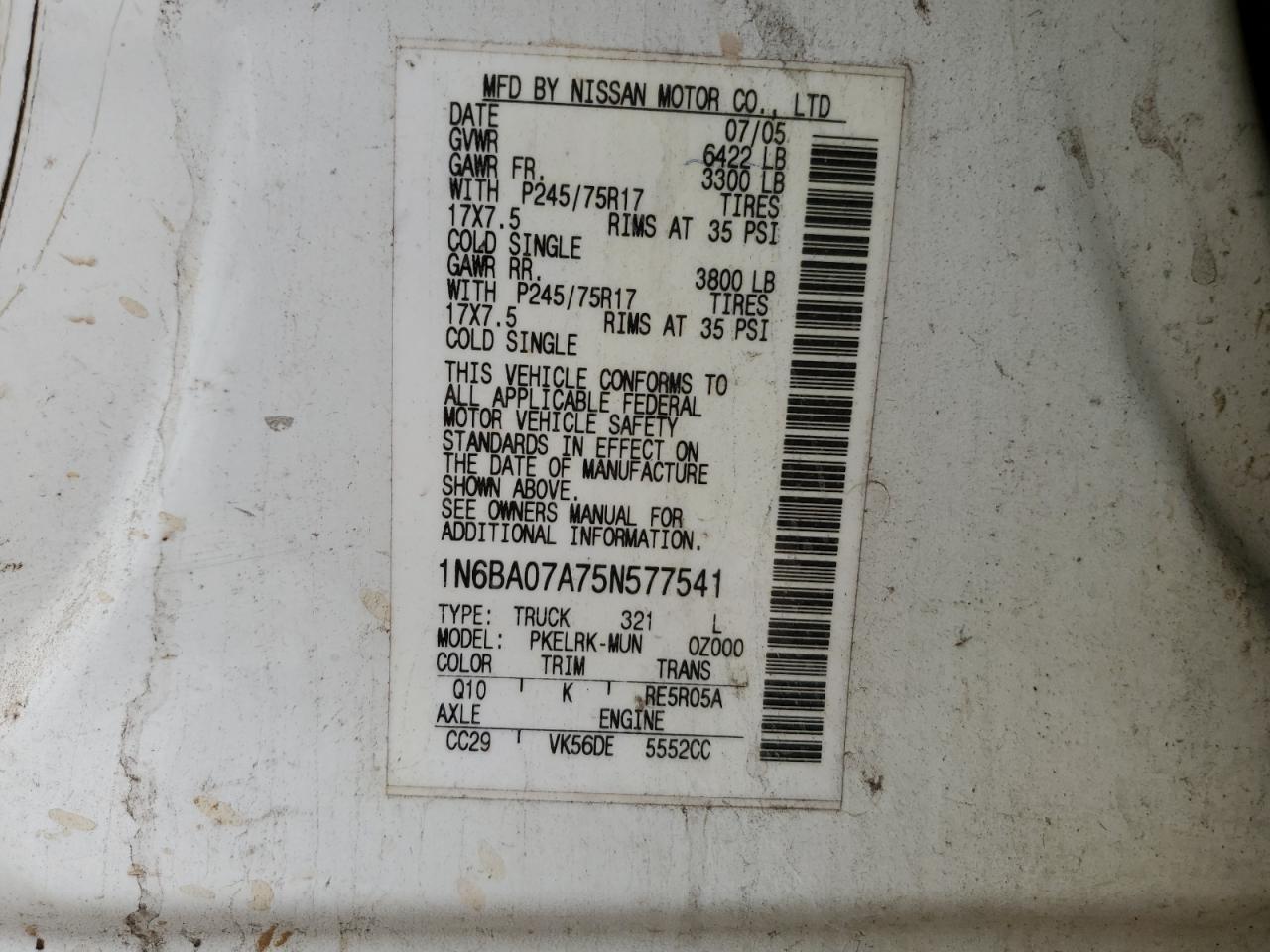 2005 Nissan Titan VIN 1N6BA07A75N577541 Copart auction photo, rear end / front end damage thumbnail 12