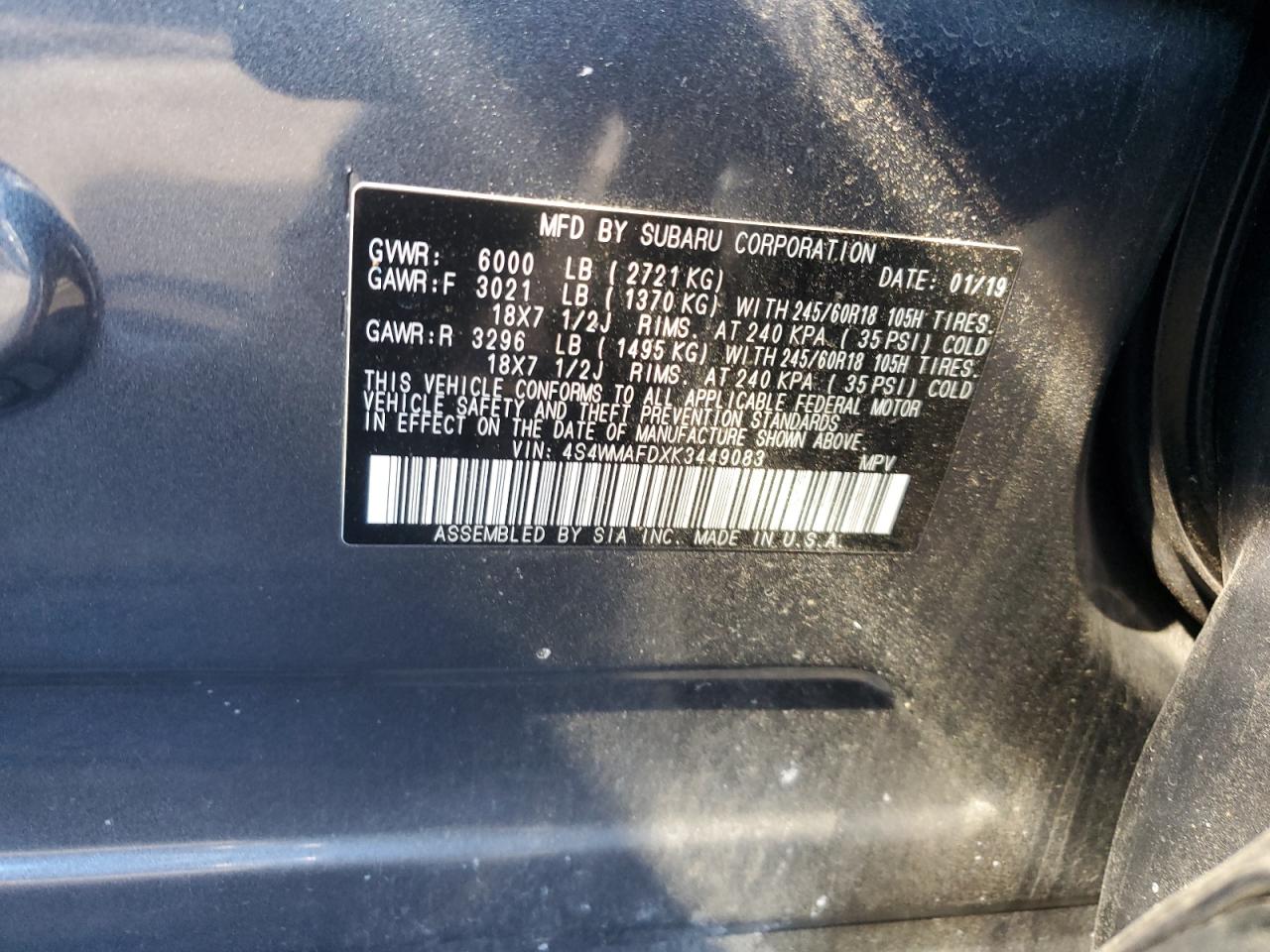 2019 Subaru Ascent VIN 4S4WMAFDXK3449083 Copart auction photo, rear end damage thumbnail 13