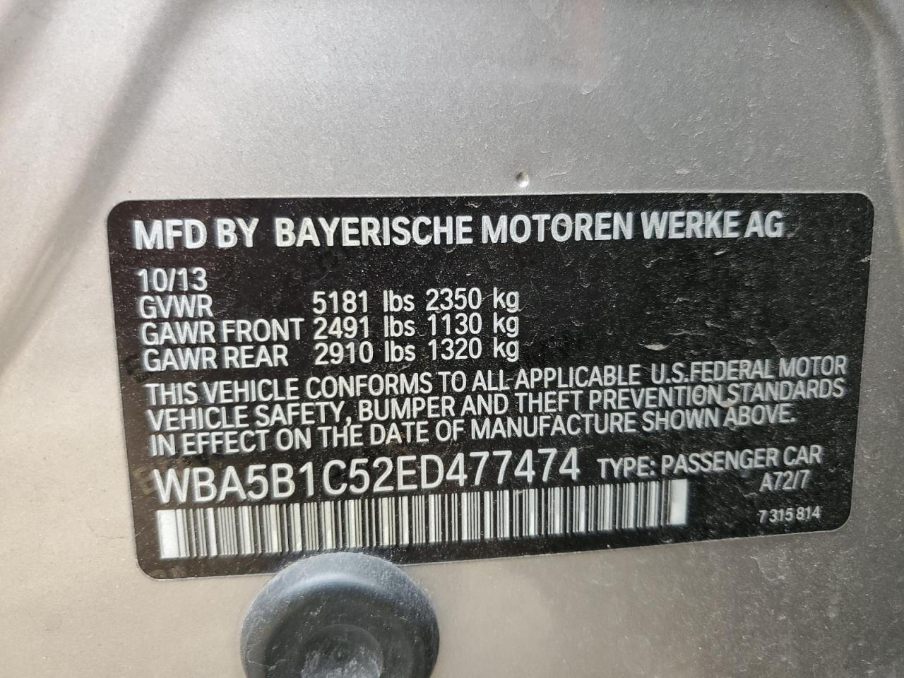2014 BMW 5er VIN WBA5B1C52ED477474 Copart auction photo, front end damage thumbnail 12