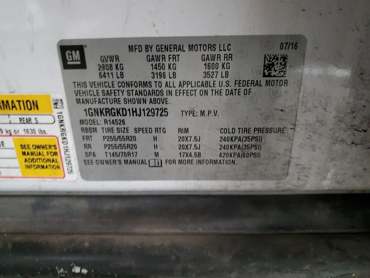 2017 Chevrolet Traverse VIN 1GNKRGKD1HJ129725 Copart auction photo, burn - interior / side damage thumbnail 13