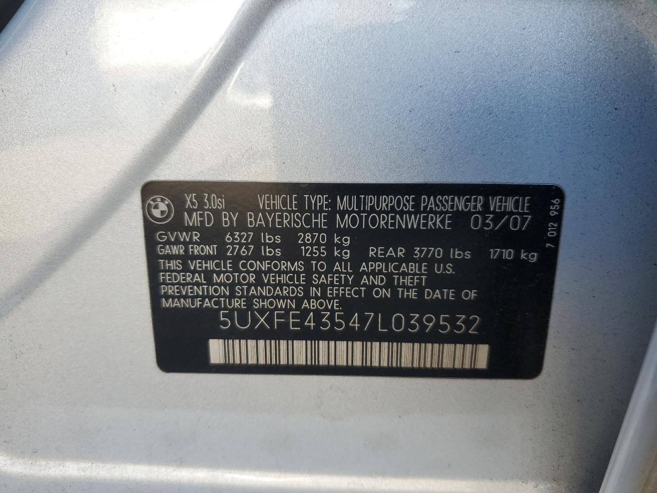 2007 BMW X5 VIN 5UXFE43547L039532 Copart auction photo, rear end damage thumbnail 15