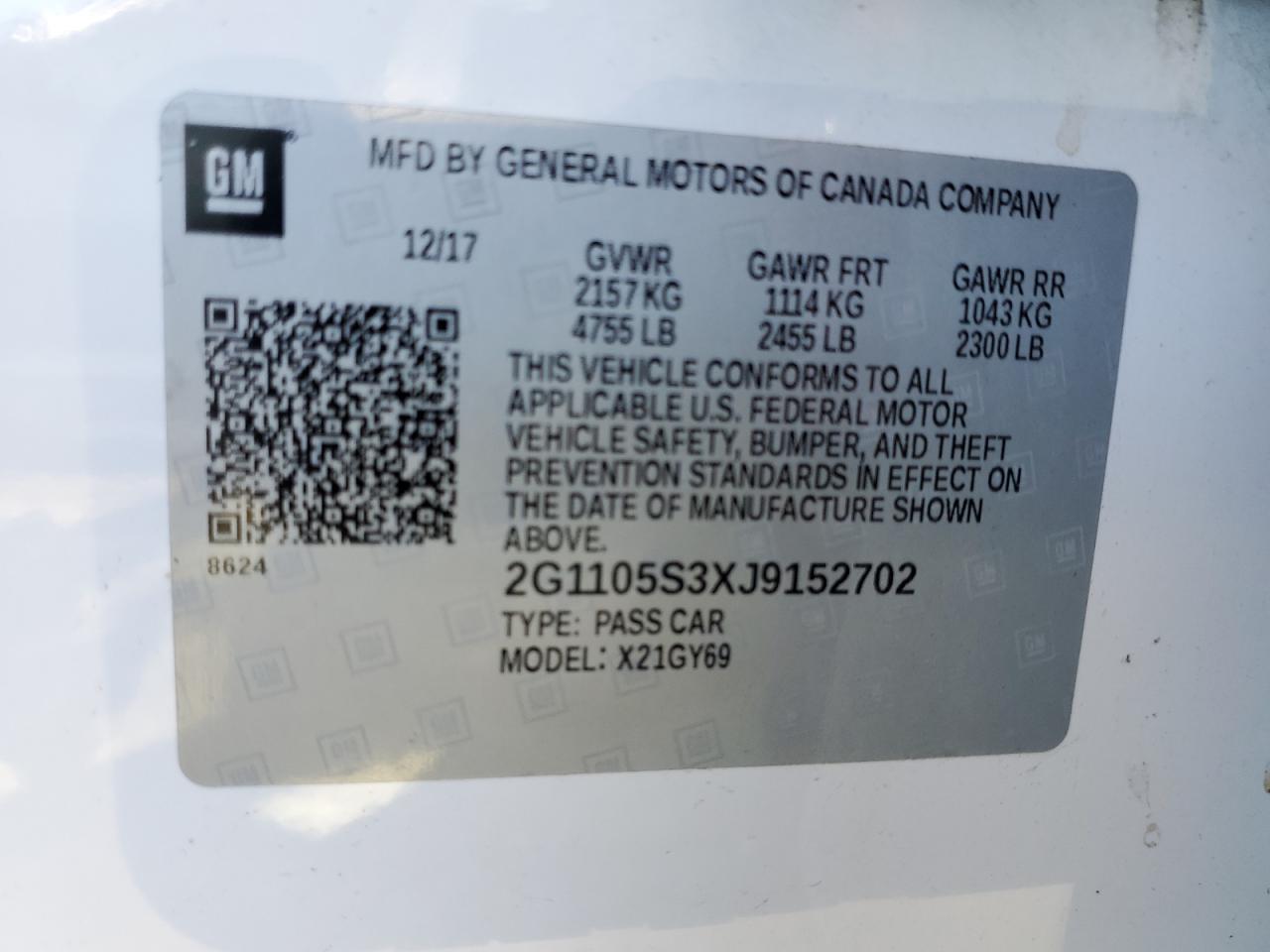 2018 Chevrolet Impala VIN 2G1105S3XJ9152702 Copart auction photo, front end / minor dent/scratches damage thumbnail 12