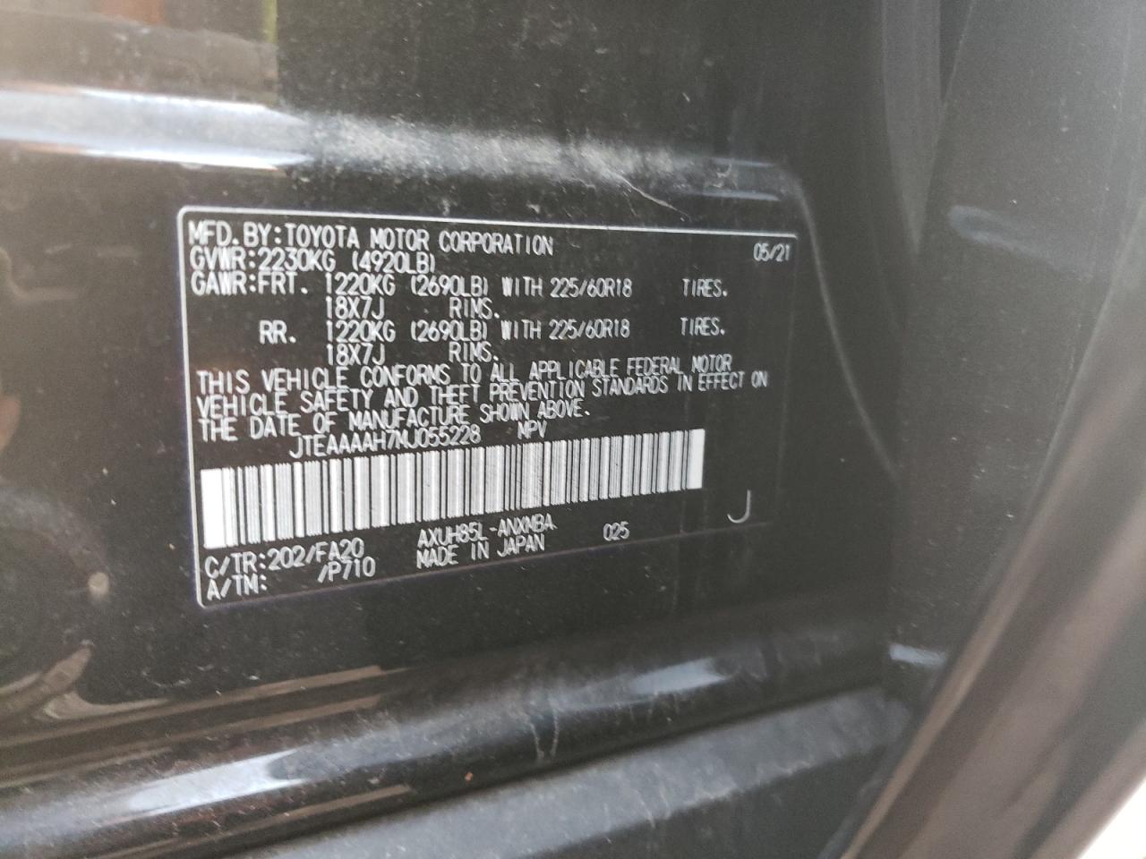2021 Toyota Venza VIN JTEAAAAH7MJ055228 Copart auction photo, rear end / front end damage thumbnail 15