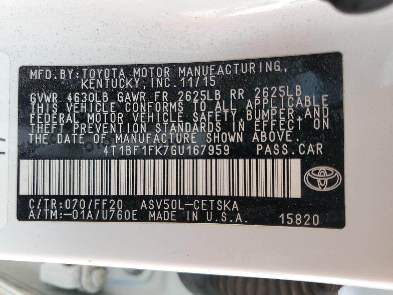 2016 Toyota Camry VIN 4T1BF1FK7GU167959 Copart auction photo, front end / rear end damage thumbnail 15