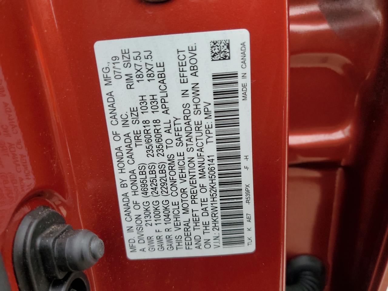 2019 Honda CR-V VIN 2HKRW1H52KH506141 Copart auction photo, water/flood damage thumbnail 14