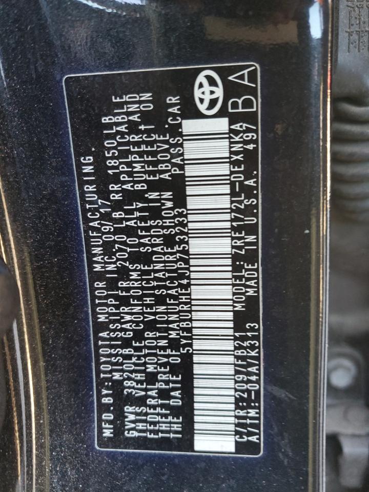 2018 Toyota Corolla VIN 5YFBURHE4JP753233 Copart auction photo, front end / rear end damage thumbnail 12