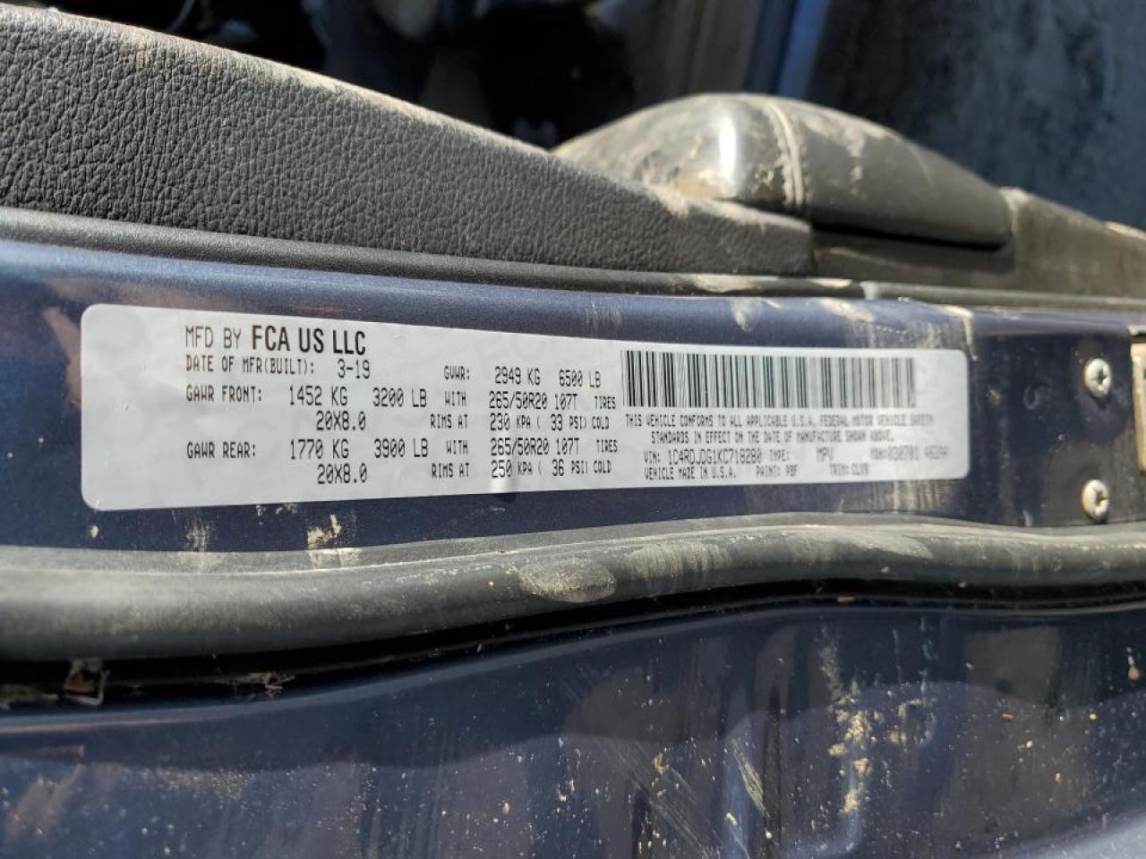2019 Dodge Durango VIN 1C4RDJDG1KC718280 Copart auction photo, water/flood damage thumbnail 14