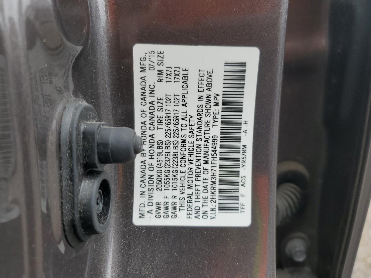 2015 Honda CR-V VIN 2HKRM3H71FH544999 Copart auction photo, side / front end damage thumbnail 14