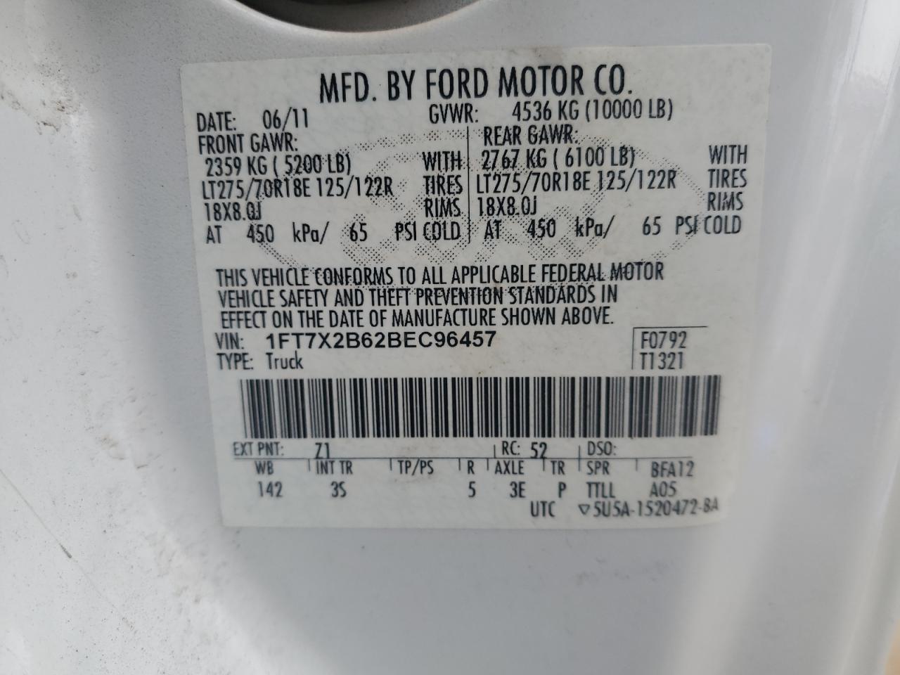 2011 Ford F250 VIN 1FT7X2B62BEC96457 Copart auction photo, front end damage thumbnail 12