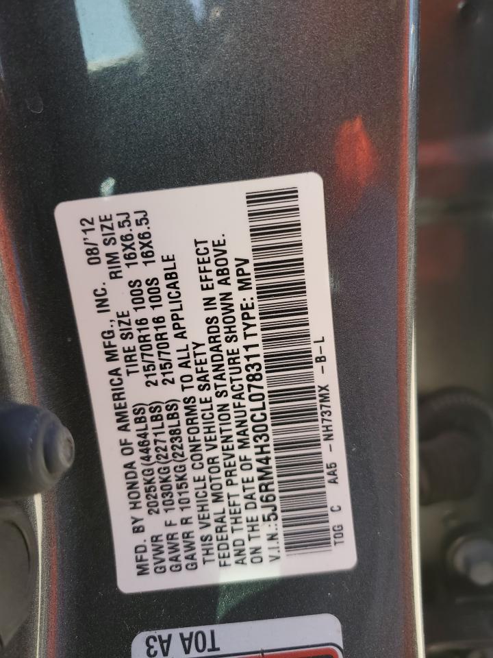 2012 Honda CR-V VIN 5J6RM4H30CL078311 Copart auction photo, all over damage thumbnail 14
