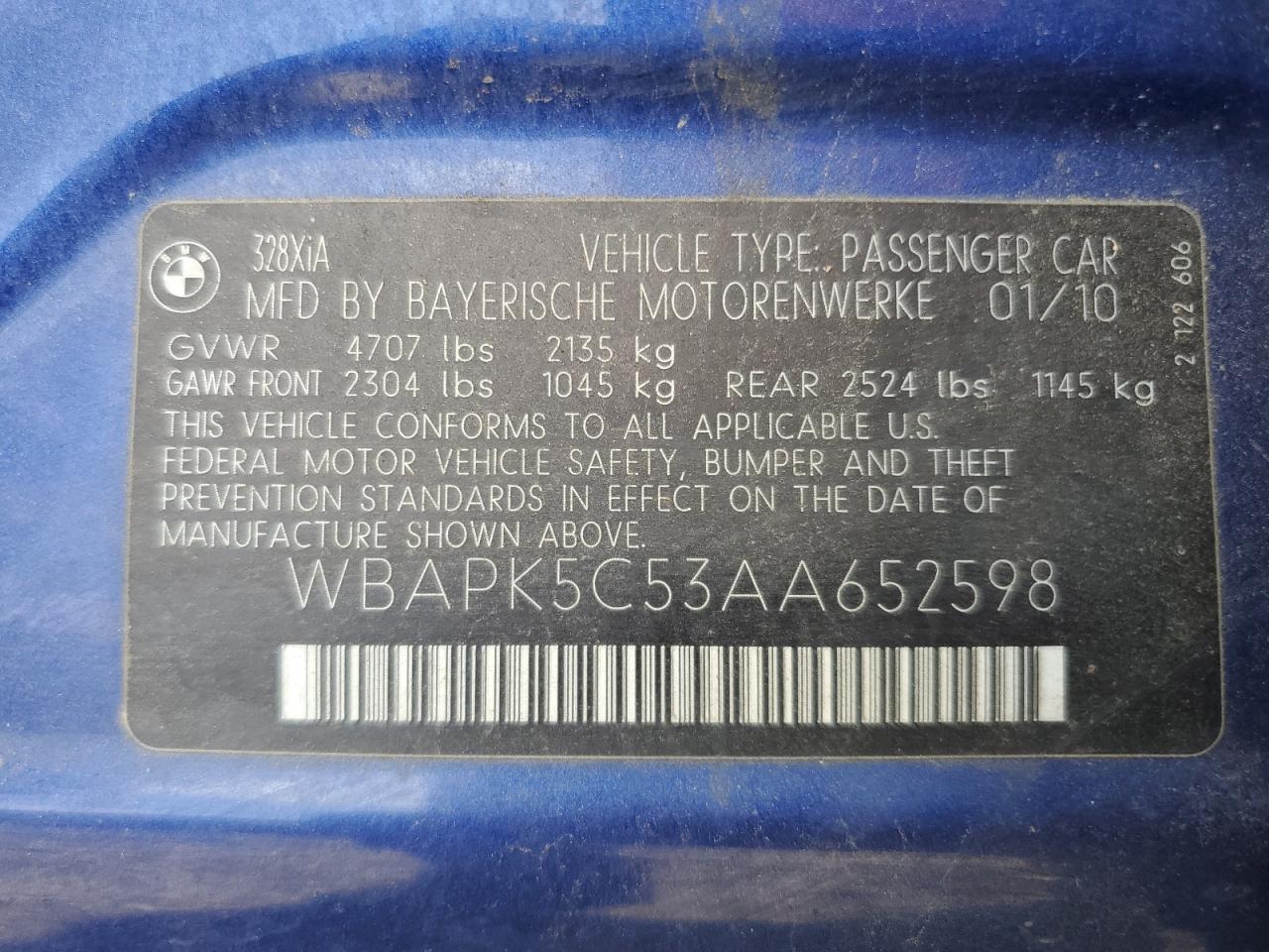 2010 BMW 3er VIN WBAPK5C53AA652598 Copart auction photo, side / rear end damage thumbnail 14