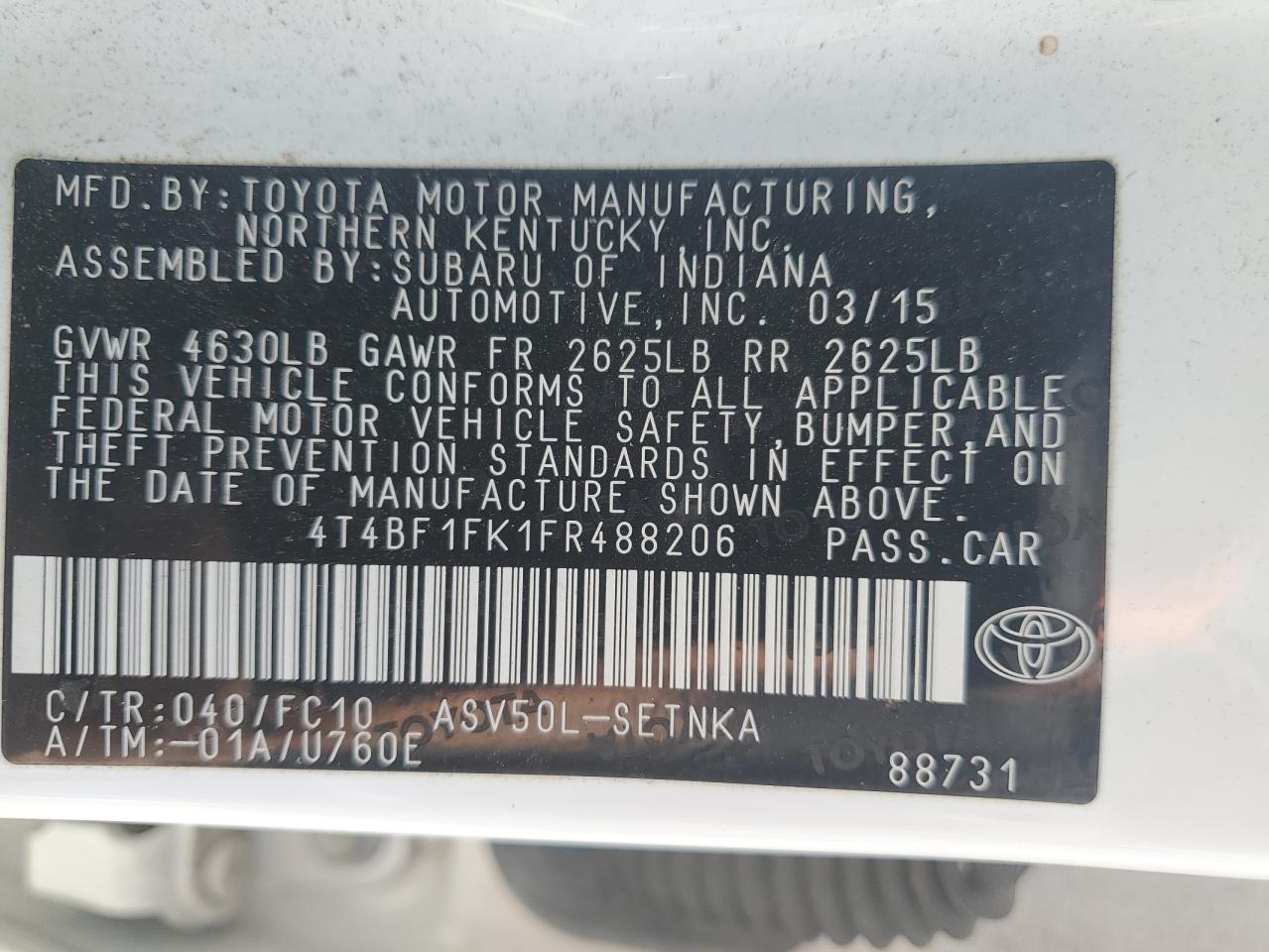 2015 Toyota Camry VIN 4T4BF1FK1FR488206 Copart auction photo, front end damage thumbnail 12