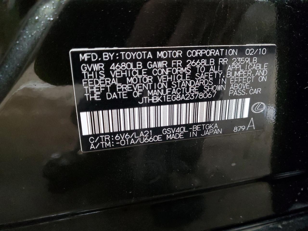 2010 Lexus ES VIN JTHBK1EG8A2378067 Copart auction photo, front end damage thumbnail 12