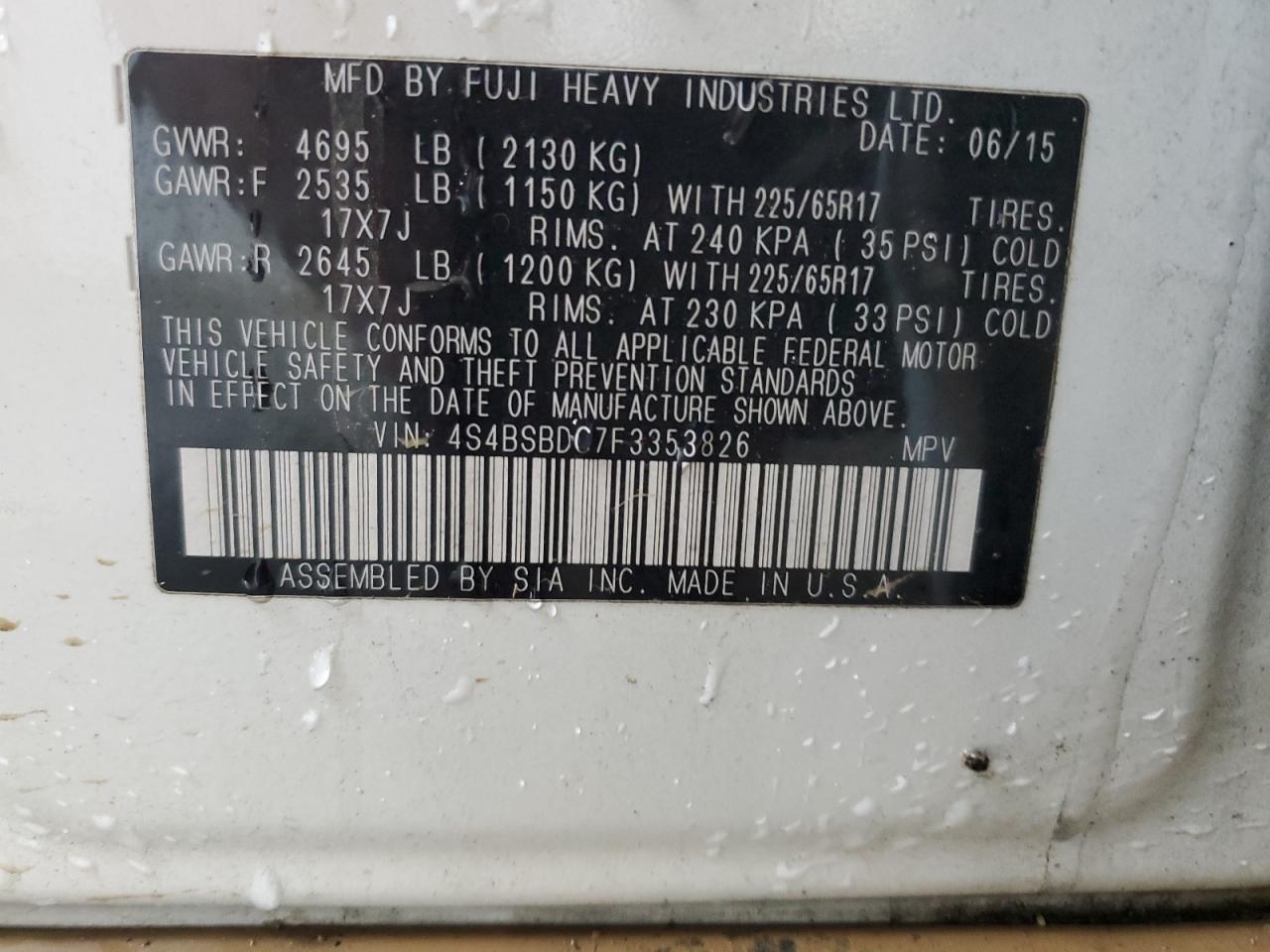 2015 Subaru Outback VIN 4S4BSBDC7F3353826 Copart auction photo, water/flood damage thumbnail 13