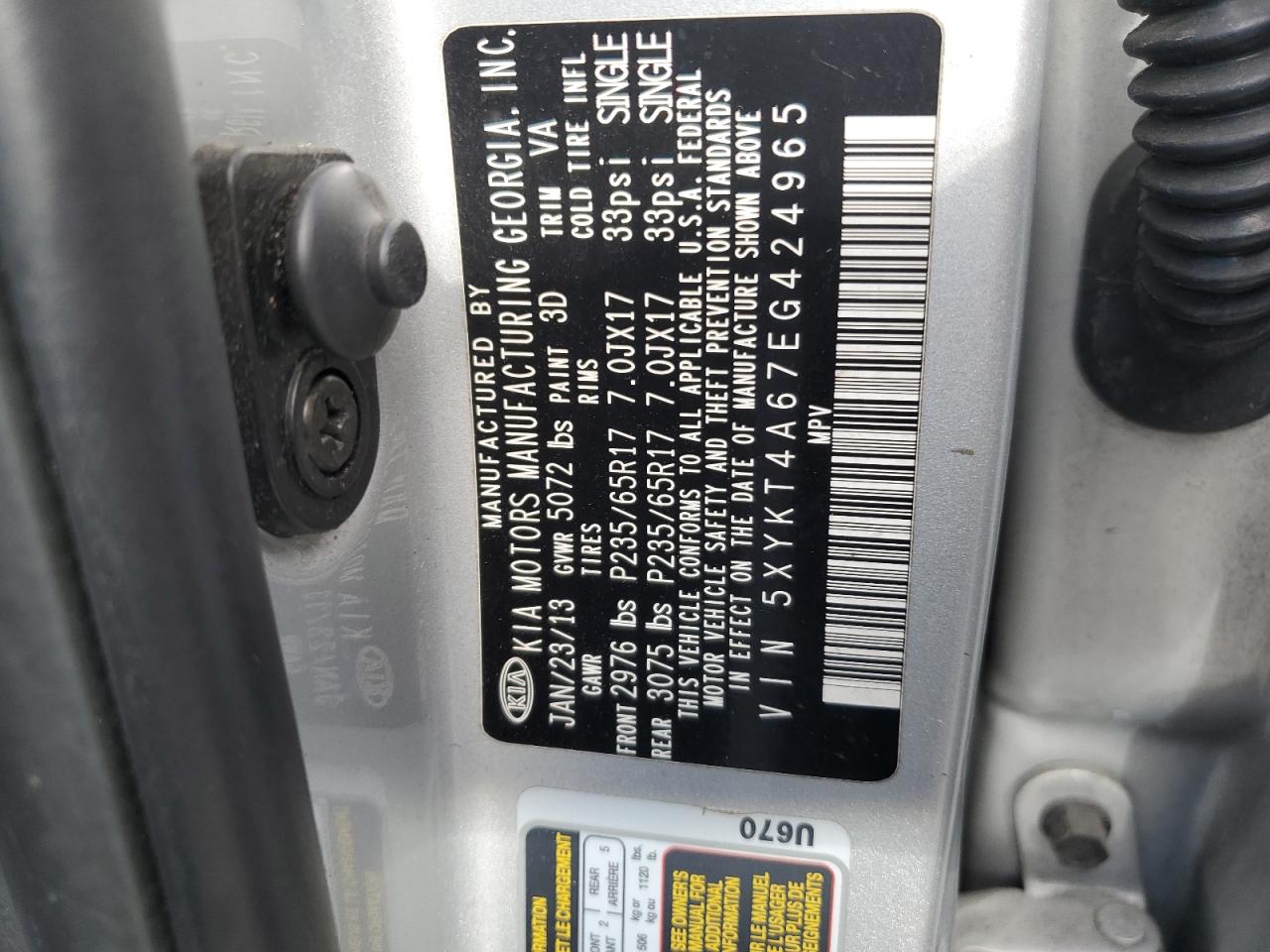 2014 KIA Sorento VIN 5XYKT4A67EG424965 Copart auction photo, front end damage thumbnail 15