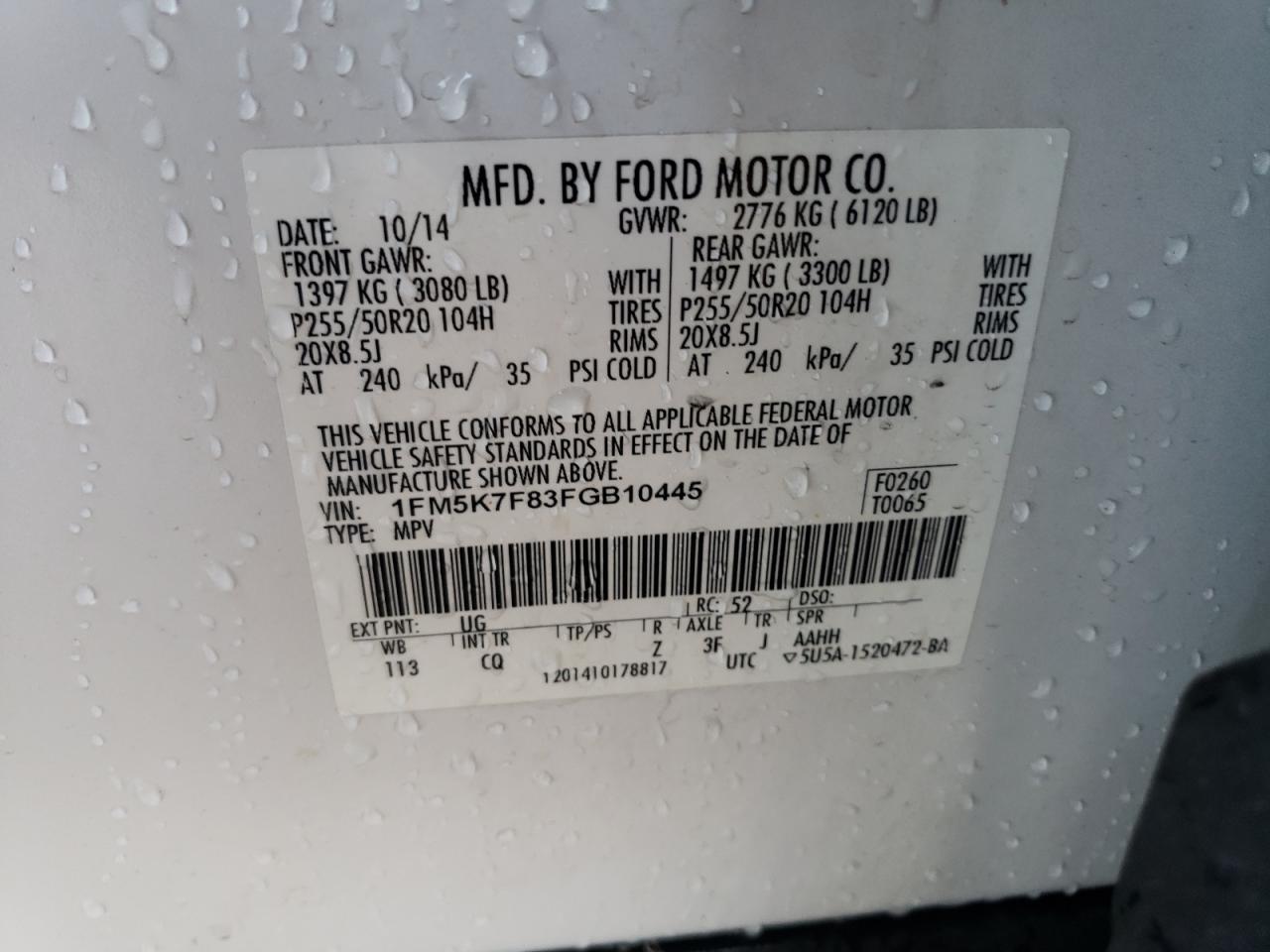 2015 Ford Explorer VIN 1FM5K7F83FGB10445 Copart auction photo, rear end damage thumbnail 14