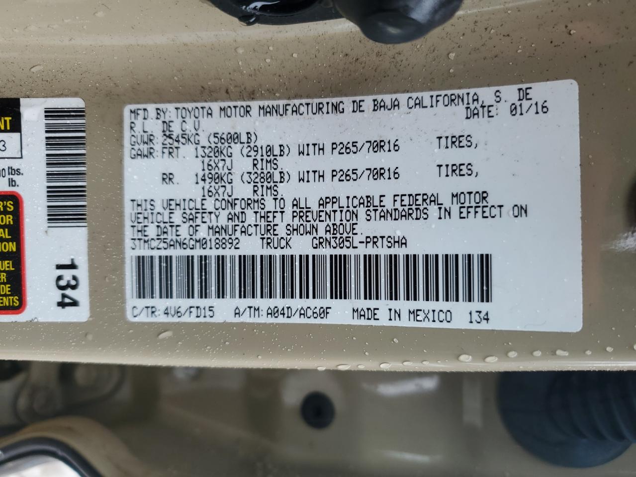 2016 Toyota Tacoma VIN 3TMCZ5AN6GM018892 Copart auction photo, side / front end damage thumbnail 13