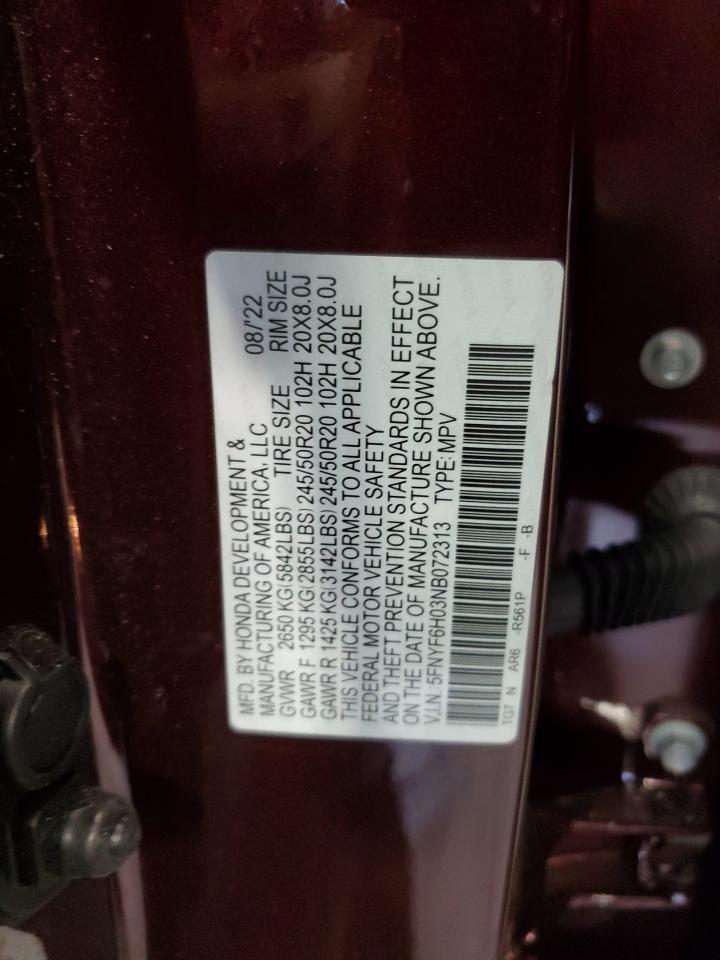 2022 Honda Pilot VIN 5FNYF6H03NB072313 Copart auction photo, rear end / side damage thumbnail 12