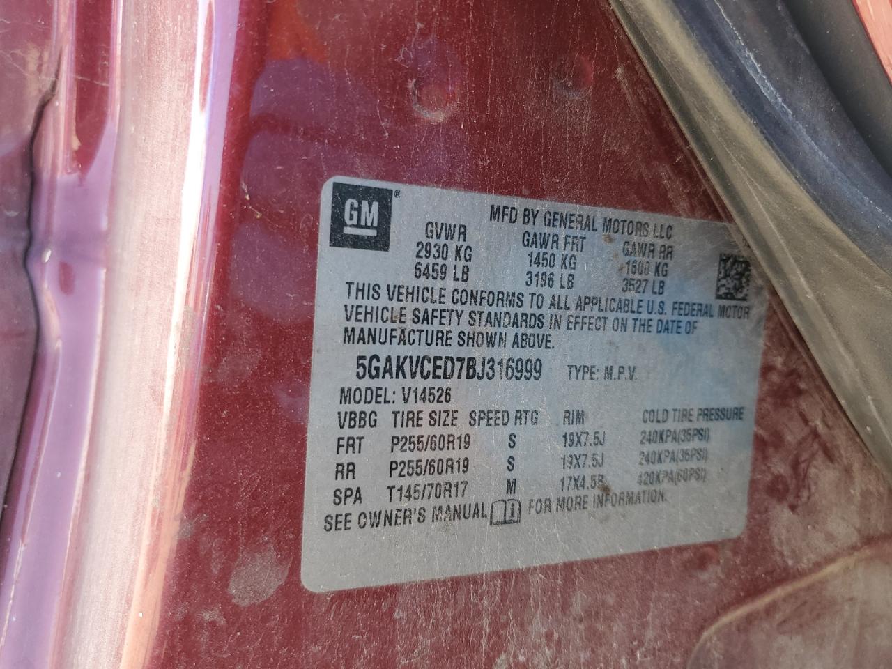 2011 Buick Enclave VIN 5GAKVCED7BJ316999 Copart auction photo, mechanical / minor dent/scratches damage thumbnail 13