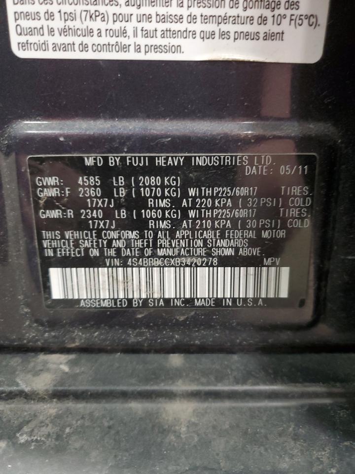 2011 Subaru Outback VIN 4S4BRBCCXB3420278 Copart auction photo, side damage thumbnail 12