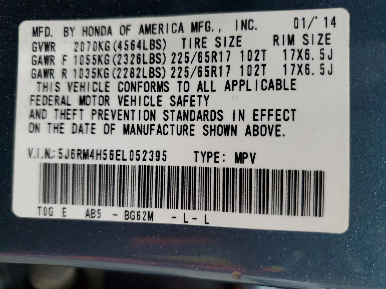 2014 Honda CR-V VIN 5J6RM4H56EL052395 Copart auction photo, rear end / all over damage thumbnail 15