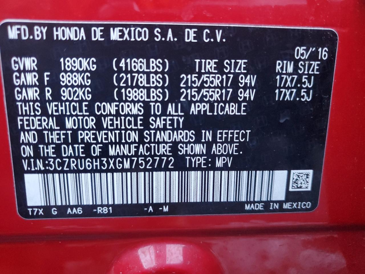 2016 Honda HR-V VIN 3CZRU6H3XGM752772 Copart auction photo, minor dent/scratches damage thumbnail 13